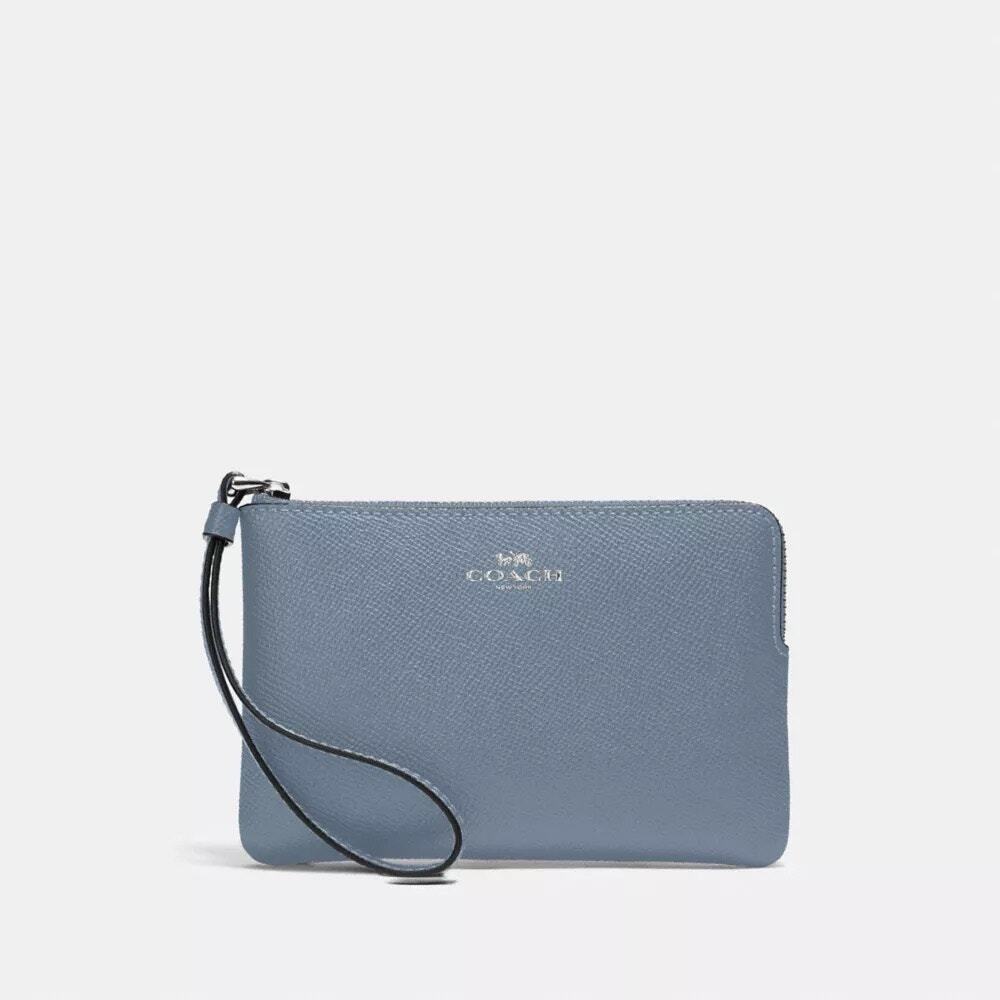 New w/o Tag Coach Large Crossgrain Wristlet Waterfall/Silver, blue interior